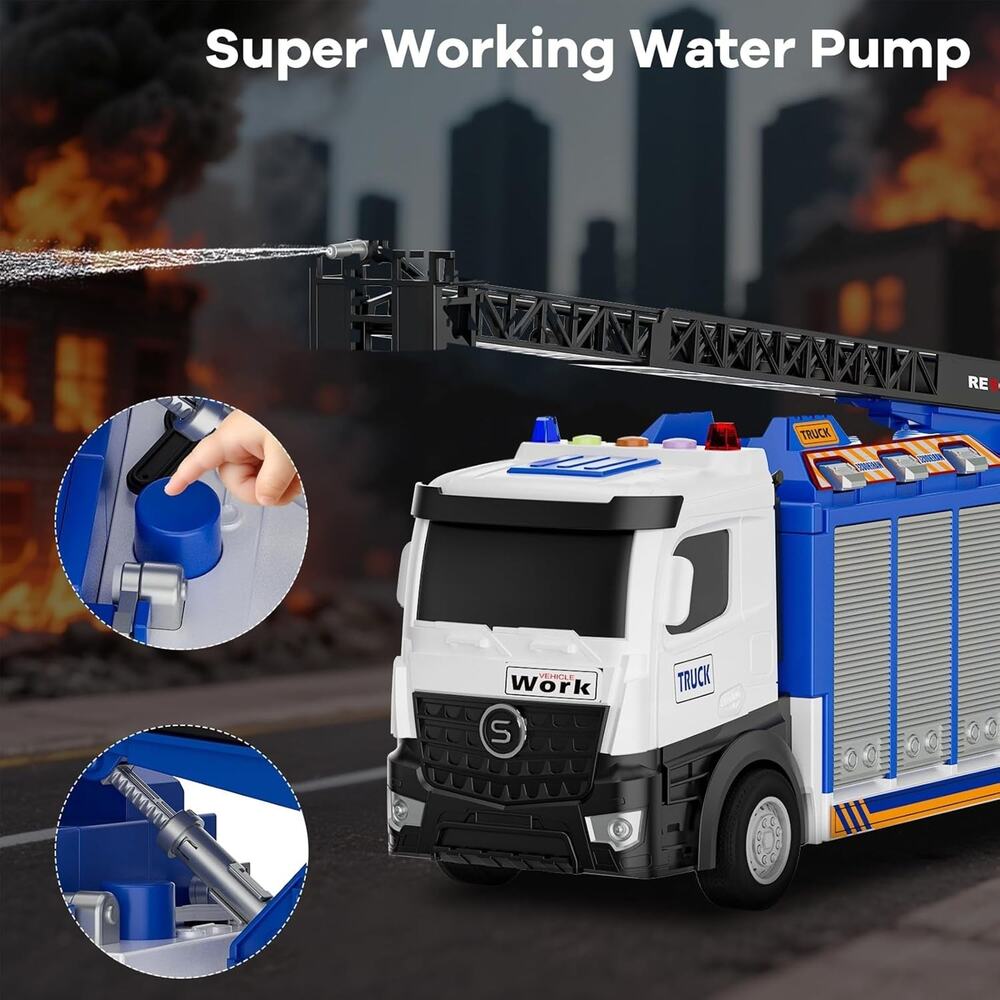 3-In-1 Large Fire Truck Toy with Garage & 6 Cars, Water Pump, Extendable Ladder, - Picture 4 of 7